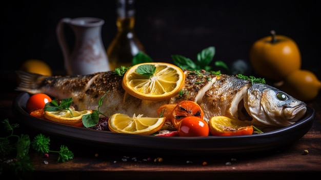 Un poisson entier sur une assiette avec des tranches de citron et des herbes sur le côté