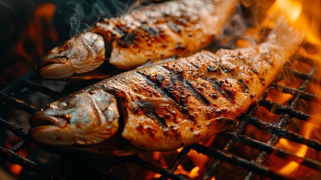 Poisson entier frit cuisiné sur une casserole à huile de grill Design d'arrière-plan de la bannière