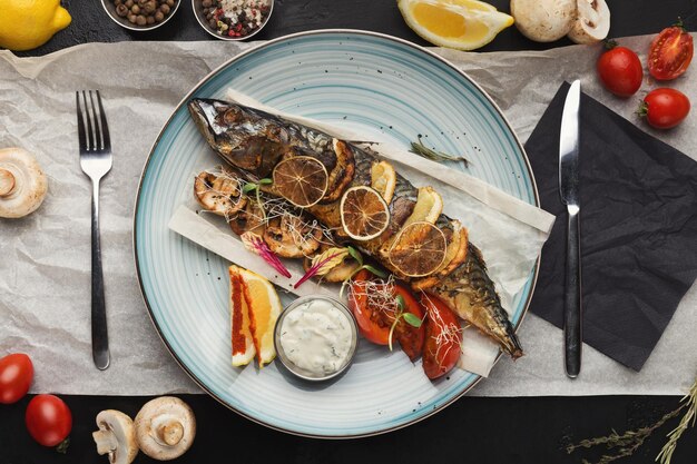 Poisson entier grillé avec légumes, vue de dessus