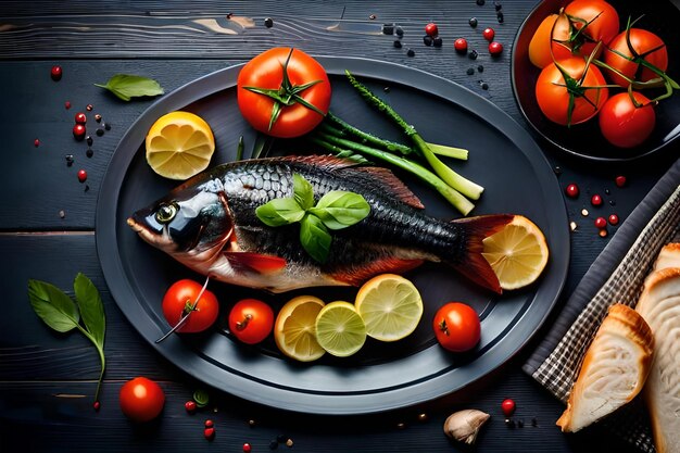 Un poisson est sur une assiette avec des légumes et des fruits.