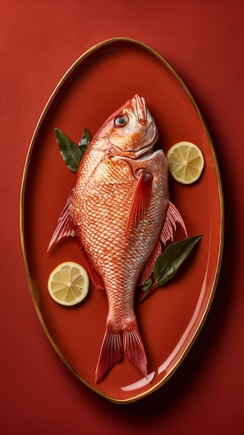 un poisson est sur une assiette avec des tranches de citron dessus.