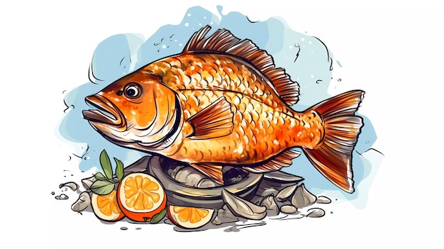 Un poisson est assis sur un tas d'oranges.