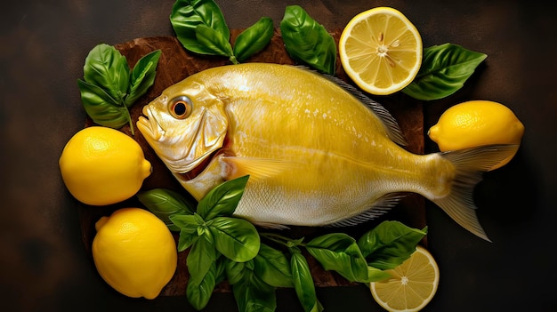 Un poisson est sur une table avec des citrons et des citrons.