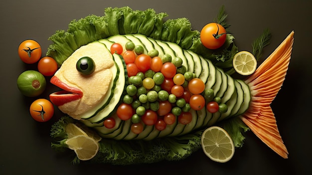 Un poisson fait de légumes est présenté sur une assiette.