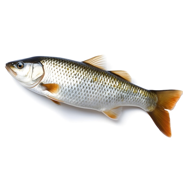Un poisson avec un fond blanc et une queue rouge.