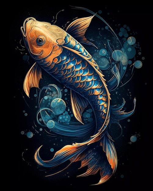 Un poisson avec un fond bleu et le mot koi dessus.