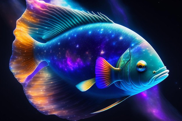 Un poisson avec un fond coloré et le mot poisson dessus