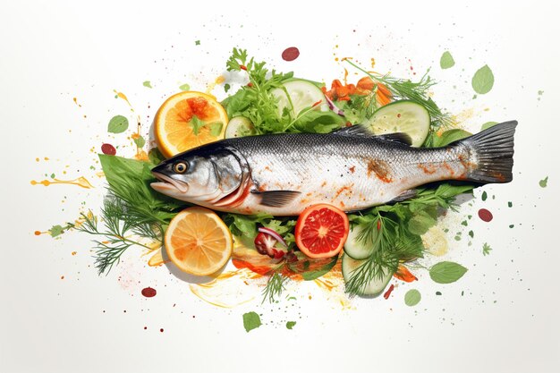 Poisson frais cru avec des légumes et des épices sur fond blanc vue de haut