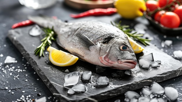 Poisson frais sur glace avec des herbes