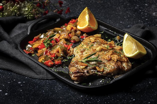 Poisson frais grillé fait maison avec des légumes sur fond sombre. Concept d'alimentation saine