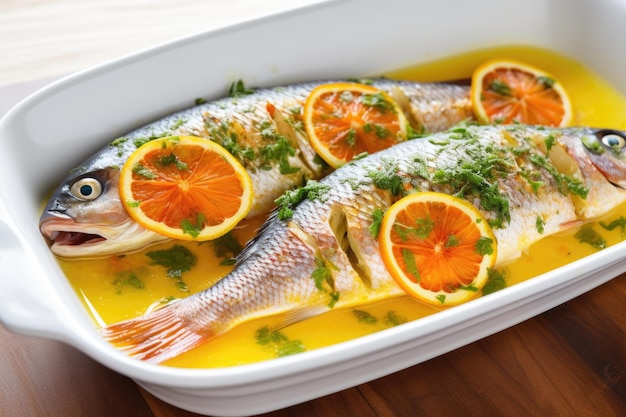 Poisson frais trempé dans une marinade d'agrumes dans un plat blanc