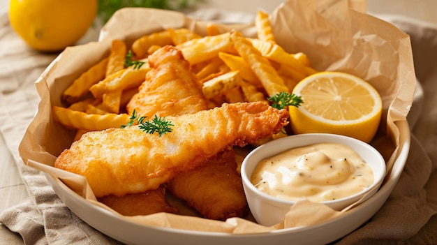 Poisson frit et frites délicieux avec sauce à tremper dans un bol