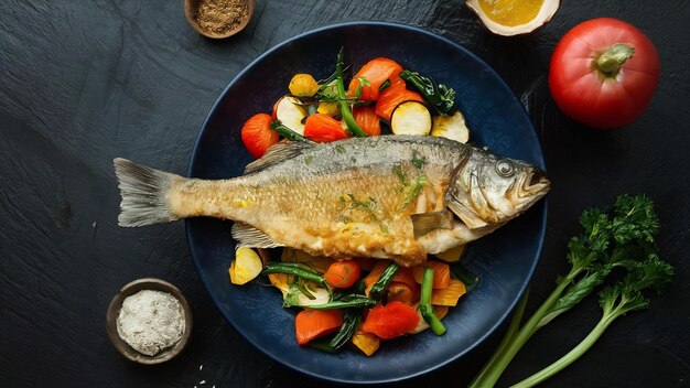 Poisson frit avec des légumes sur la table