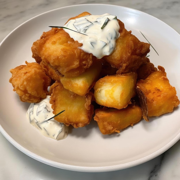 Poisson frit avec sauce tzatziki sur une assiette blanche