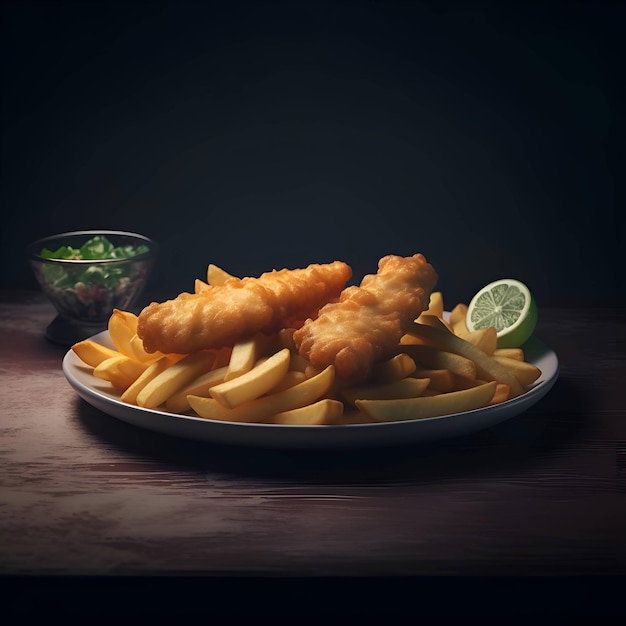 Photo poisson et frites sur une assiette avec du citron vert et de la sauce tonifiée