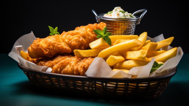 Photo poisson et frites dans un panier sur fond bleu