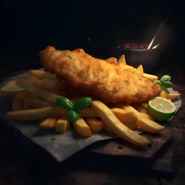 Poisson et frites Poissons et frites sur une planche de bois Arrière-plan sombre