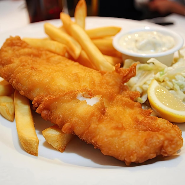 Poisson et frites avec sauce tartare sur une assiette blanche dans un restaurant