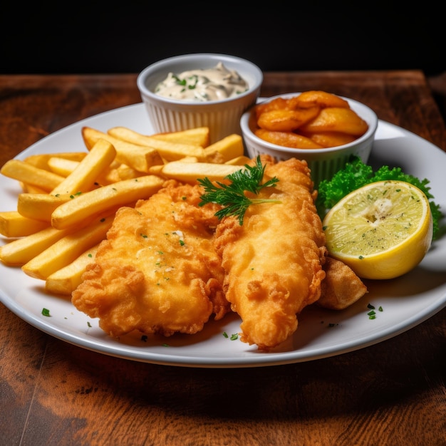 Photo poisson et frites avec sauce tartare sur une table en bois