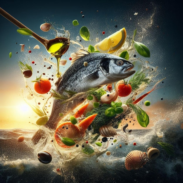 Photo poisson et fruits de mer barbecue morceaux de viande et légumes éclaboussant sauces coucher de soleil lumière dorée