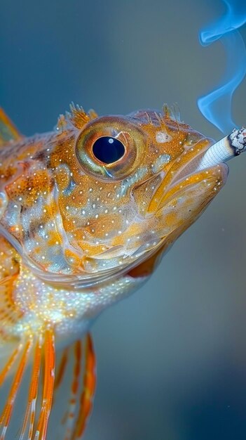 Photo poisson fumant de la cigarette sur fond bleu