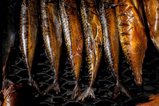 Poisson fumé sur le gril Barbecue dans le jardin en été Poisson grillé balaou grillé