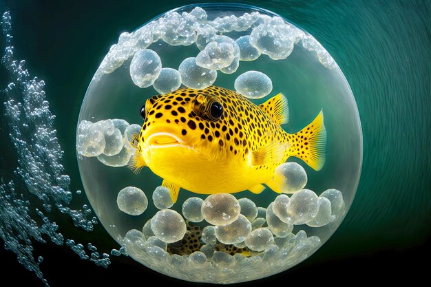Poisson-globe à ventre jaune dans une bulle transparente sous l'eau