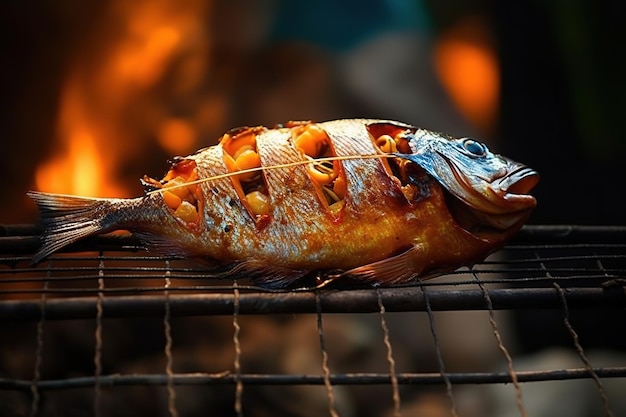 Un poisson sur un gril avec le feu en arrière-plan