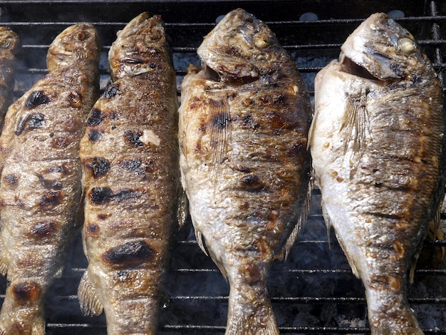 Poisson sur un gril avec de la fumée qui en sort