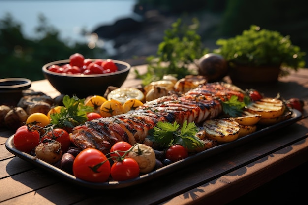 Photo poisson grillé appétissant avec des légumes grillés