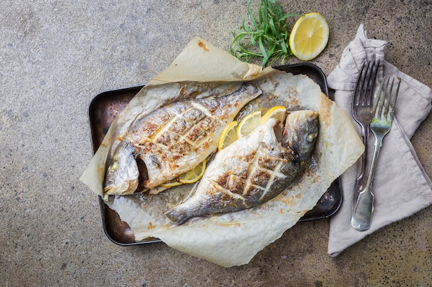 Poisson grillé Dorado sur papier au citron et romarin sur fond gris