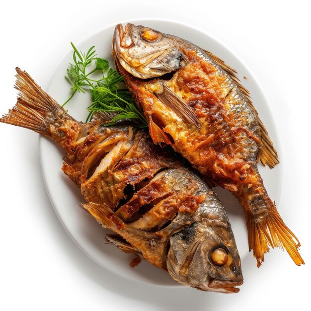 Poisson grillé garni de persil frais sur une assiette blanche vue du haut