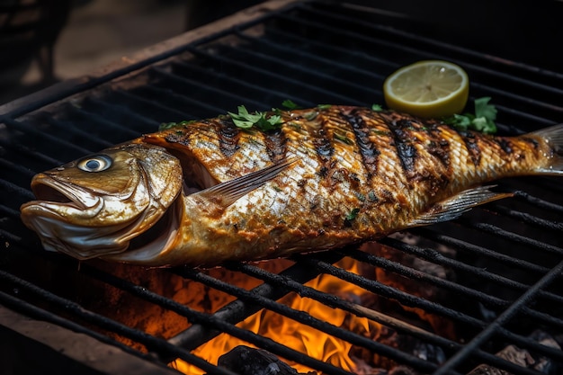 Photo poisson grillé sur un gril au citron et citron vert