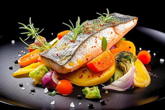 Photo poisson grillé avec légumes servi sur assiette nourriture de restaurant nourriture délicieuse ai générative