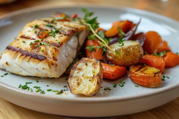 Poisson grillé avec des pommes de terre rôties et des légumes sur l'assiette