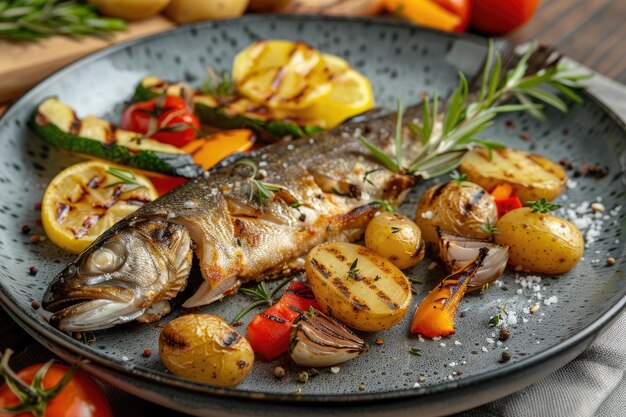 Photo poisson grillé avec des pommes de terre rôties et des légumes sur l'assiette