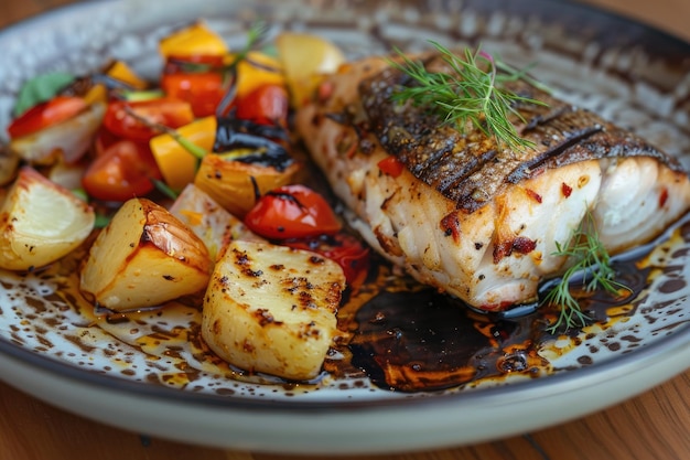 Poisson grillé avec des pommes de terre rôties et des légumes sur l'assiette