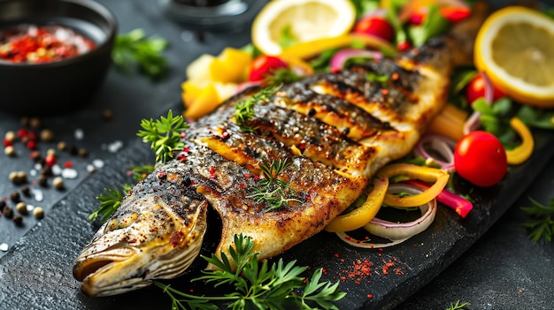 Poisson grillé avec salade de légumes oignon Ai générative