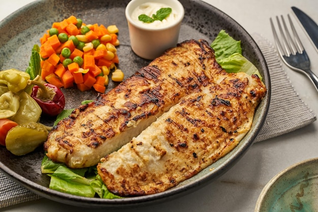 Photo poisson grillé avec salade et raïta servi dans un plat isolé sur fond gris vue latérale de la restauration rapide