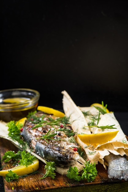 Poisson grillé et servi dans une épice de maïs aux herbes