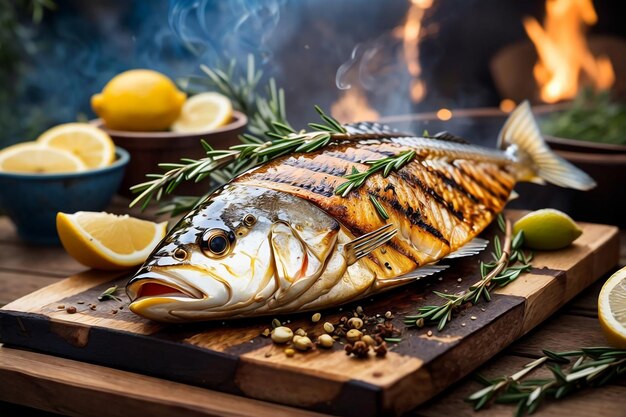 Un poisson grillé sur une table en bois à la cuisine