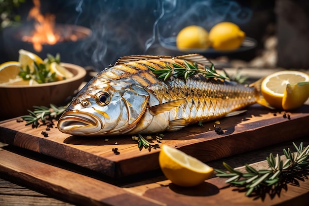 Un poisson grillé sur une table en bois à la cuisine