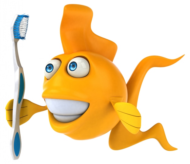 Photo poisson illustré drôle tenant une brosse à dents