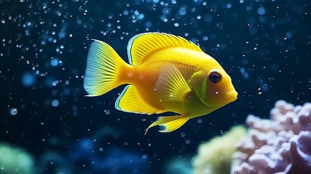 poisson jaune dans un réservoir avec des bulles d'eau et un fond bleu