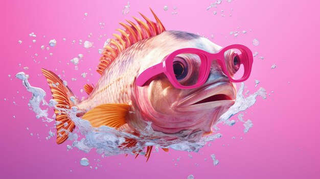 Photo poisson jaune avec des lunettes de soleil sur fond bleu