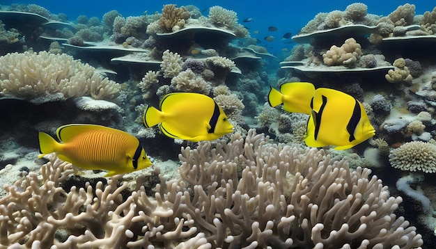 un poisson jaune nage au-dessus d'un récif corallien avec un poissons jaune