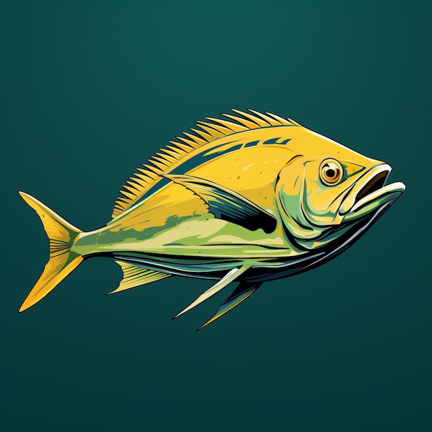 un poisson jaune nage gracieusement sur un fond sombre dans cette illustration hyper détaillée. le rendu réaliste présente des nuances vibrantes de vert foncé et de cyan, créant un visuel captivant. ème