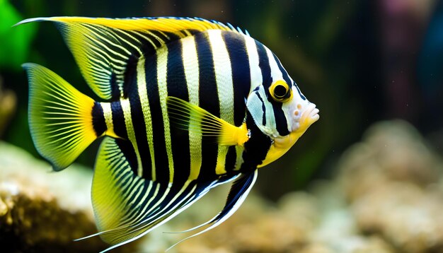 un poisson jaune et noir avec un corps rayé noir et blanc