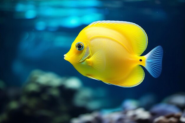 Photo un poisson jaune avec une queue bleue est assis dans un aquarium