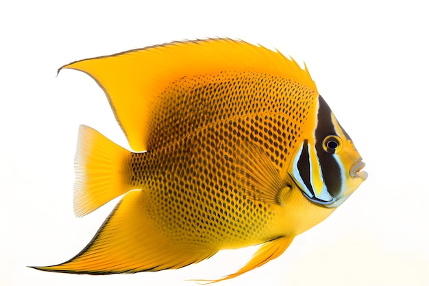 Un poisson jaune avec des rayures noires et des rayures bleues.